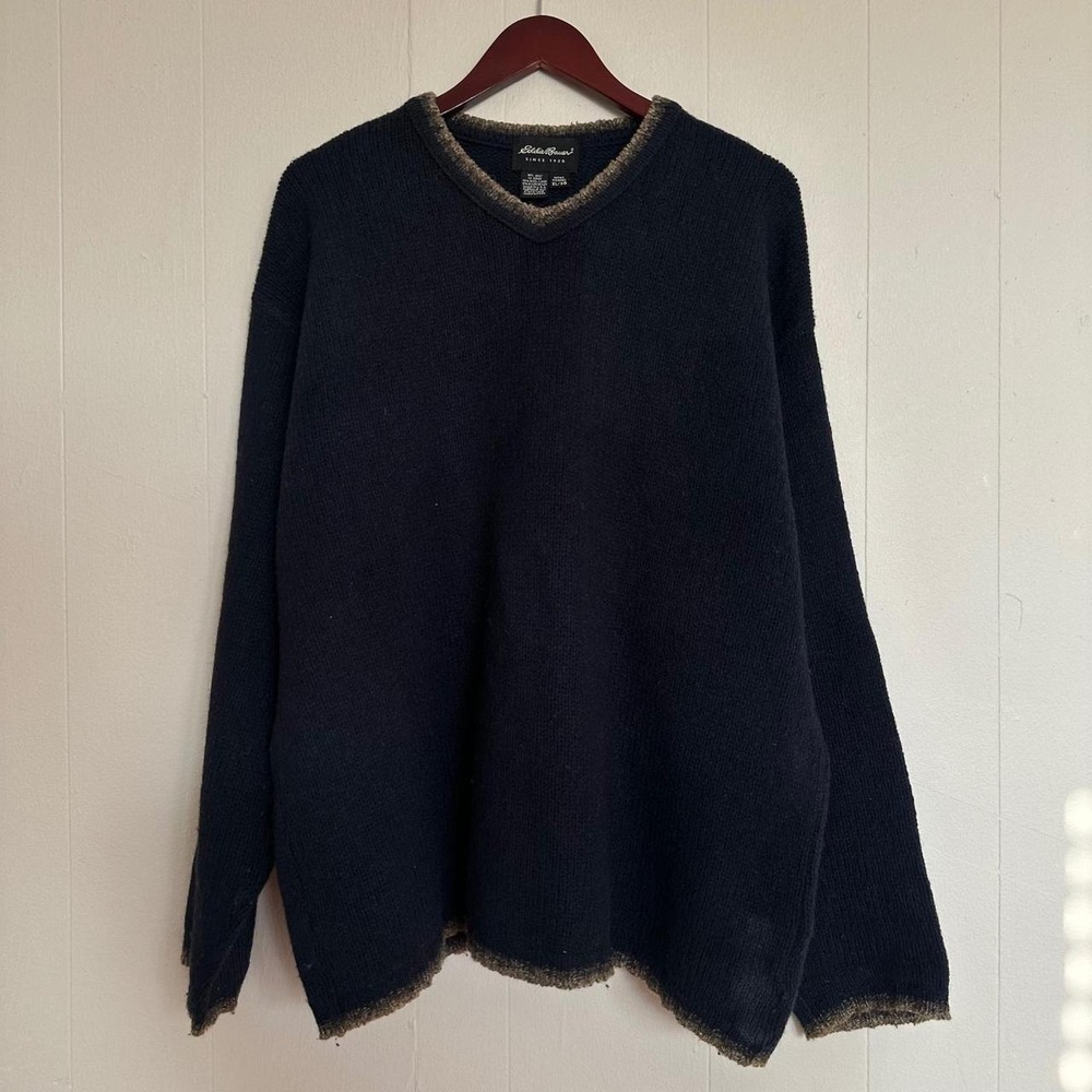 Vintage 90s Eddie Bauer V-Neck Wool Sweater Size XL Navy Blue Gorpcore